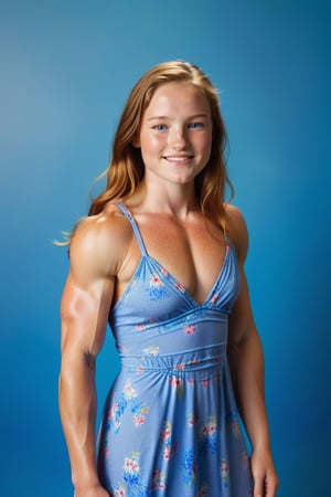 A radiant golden light bathes the 20-year-old woman's muscular body in a studio setting, accentuating her tan freckled skin. She wears a flower-patterned summer dress. Long ligh-brown hair with red highlights reaches to her waist. The camera captures her slim muscular features, highlighting the warm and innocent glow of her closed_mouth_smile. Her bright blue eyes sparkle with joy, beaming directly at the viewer as he radiates warmth and optimism.