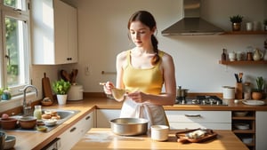 A warm and inviting kitchen scene: a young woman with dark brown hair tied back in a ponytail, wearing a white apron over a yellow sundress, stands at the center island amidst a flurry of flour-covered utensils and mixing bowls. She carefully pours a mixture into a greased cake pan, her eyes fixed on the task at hand as the soft glow of morning sunlight illuminates the space.