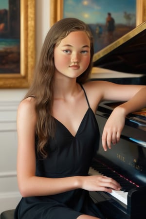 A warm summer light illuminates a strong teenage girl with long dark brown locks, posed confidently in a modern oil painting. She is wearing a black dress and sitting at a piano.
Her smooth tanned complexion glows under the sunlight, highlighting toned physique. Simple background allows their striking features to take center stage.
