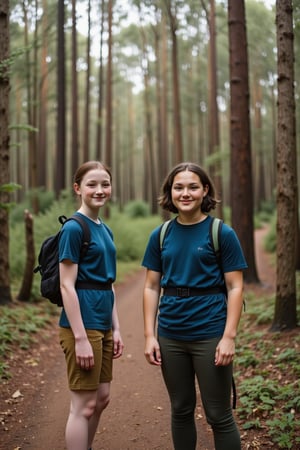 Candid scene of a two teenage firls hiking in the Karri forests of Western Australia. The first is tall and slender build with striking features and long black hair in a long french braid. Her porcelain-like complexion is accentuated by a sprinkling of freckles across the bridge of her nose. The second is short with a thick endomorphic build. She is GRSW, has tan skin, dark brown hair in a bob. Both girls are smiling as they talk to each other and pay no heed to the camera.