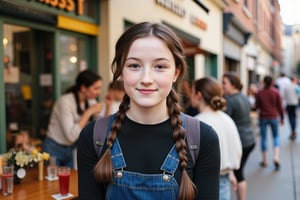 Candid scene of a happy woman with tall and slender build, striking features, and long black hair in a long french braid. Her porcelain-like complexion is accentuated by a sprinkling of freckles across the bridge of her nose. She is busy in everyday life and does not seem to notice the camera.