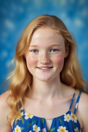 A radiant golden light bathes the 20-year-old woman's muscular body in a studio setting, accentuating her pale freckled skin. She wears a flower-patterned summer dress. Long blonde hair reaches her waist. The camera captures her full round features, highlighting the warm and innocent glow of her closed_mouth_smile. Her bright blue eyes sparkle with joy, beaming directly at the viewer as he radiates warmth and optimism.