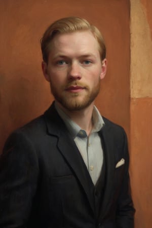 Man, 28 years old, pale skin, straight blonde hair, beard.
Against the plain, terracotta backdrop of an Art Deco design, a charismatic individual poses waist-up, their dark brown hair styled with subtle texture and light brown eyes locking onto the camera lens with unbridled confidence. The soft, warm glow illuminates them highlighting delicate features and accentuating their figure.