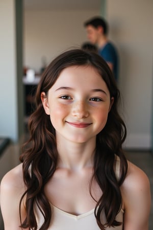 A Full-body-length photo of a teenage ballerina, beaming with a warm smile, her porcelain-pale skin glowing under the soft studio lighting. Her long, black hair cascades down her back, framing face and scattering freckles across the bridge of her nose. Her brown eyes sparkle with joy, as she radiates youthful energy and enthusiasm for her dance passion.