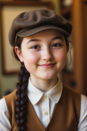 A close-up shot of a young woman's pale face, smiling, her long black hair tied back in a neat plait. She wears a crisp white collared shirt, a fitted brown waistcoat, and a worn leather flat cap. The camera frames her gentle features, with a soft focus on the fabric textures and subtle details. Warm, golden lighting illuminates her serene expression.