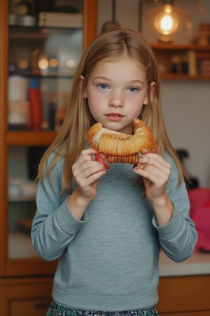 Candid scene of a nineten girl, pale freckled skin, b;pnde hair, blue eyes, busy in everyday life and does not seem to notice the camera.