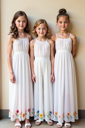 A 13-year-old girl and a 10-year-old girl sisters flank a 11-year-old boy as they casually lean against a wall. Each woman wears a long nearly transparent white sundress with differnt coloured flowers embroidered along the hem. The boy wears a white suit. She gazes straight at the camera, smiling gently. 