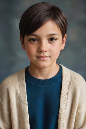 portrait photograph of a 10yo boy, light brown skin, black hair, short_hair, slim endomorph, ripped, woollen_jumper