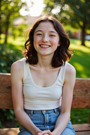 A joyful young woman with a charming grin, her bright smile and infectious laughter radiating warmth as she sits on a worn wooden bench, surrounded by lush greenery. Soft afternoon sunlight casts a warm glow, highlighting the delicate features of her face. Her dark messy hair and relaxed pose exude carefree joy.