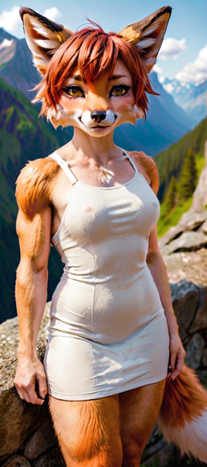 fill-bofy-length photograph of a 10yo anthro fox girl, mostly scenery, very-wide-angle, pale freckled skin, copper_red hair, short-hair, slim endomorph, ripped,  empire-line-dress,, smile,