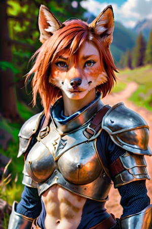 oil painting of a 16yo girl knight, anthro fox, mostly scenery, very-wide-angle, pale freckled skin, copper_red hair, short-hair, slim endomorph, ripped, armour,, smile,