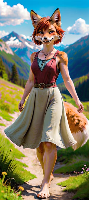 fill-bofy-length photograph of a 10yo girl witch, anthro fox, mostly scenery, very-wide-angle, pale freckled skin, copper_red hair, short-hair, slim endomorph, ripped, flowing dress,, smile,