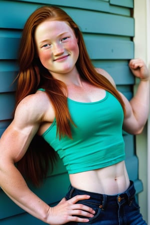 full-body-length photograph of a 14yo girl, jeans and croptop, muscular, pale skin, freckles, ginger long hair, green eyes,  endomorph, square face, smiling