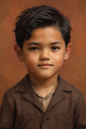 Boy, 4 years old, athletic, spiky black hair, .
Against the plain, terracotta backdrop of an Art Deco design, a charismatic individual poses waist-up, their hair styled with subtle texture and eyes locking onto the camera lens with unbridled confidence. The soft, warm glow illuminates them highlighting delicate features and accentuating their figure.