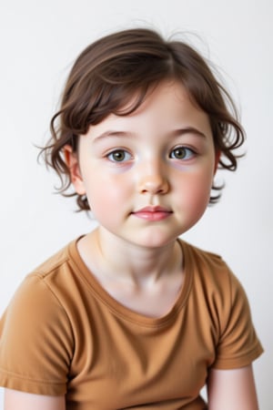 Sharp focus. A close-up portrait shot of a infant girl wearing a brown teeshirt with a neutral expression, gazing directly into the camera lens. The subject's whispy hair is short and dark, framing their face against a crisp white background that provides a clean and minimalist contrast. The overall focus is on the subject's facial features.