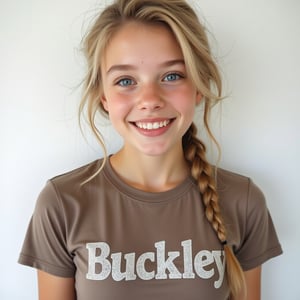 close-up portrait shot of a young woman wearing an dark beige teeshirt with the word "Buckley" emblazoned on it in bold white block text, laughing and smiling, gazing into the camera lens at an angle. She is very slim has blue eyes, long blonde hair in a plait frames her face against a clean white background. The overall focus is on the subject's facial features and her gentle smile.