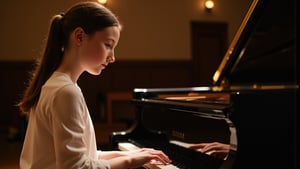 A delicate young girl with tall and slender build, striking features, and long black hair in a ponytail sits poised at the grand piano in a majestic concert hall. Softly lit by subtle stage lighting, her porcelain-like complexion is accentuated by a sprinkling of freckles across the bridge of her nose. The camera frames her from the waist up, showcasing her intricate skin pores as she concentrates on her performance, her slender fingers dancing across the keys.,detailed skin pore style