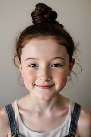 close up portrait photograph of a 10-year-old girl, facing camera and smiling, chignon, slim endomorph, ripped,, pale skin, black hair