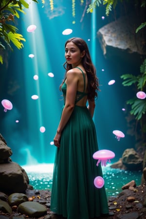 An young woman with long flowing hair, adorned in a delicate emerald green gown, surrounded by a mesmerizing rainforest waterfall environment. She stands amidst a dance of luminescent jellyfish, which glow in hues of pink and blue. The backdrop is a cascading waterfall, punctuated by the soft glow of bioluminescent plants and the gentle mist of water. The woman's gaze is distant, as if lost in thought, while the jellyfish float gracefully around her, creating an ethereal and dreamlike atmosphere.