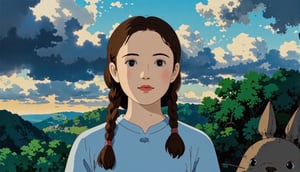 A serene Ghibli-inspired full-body-length anime of a woman, her neutral expression captivating as she directly addresses the viewer. Her long hair, in a plait, frames her face against a dramatic japanese countryside background, creating a striking contrast. She isnstanding next to Totoro.