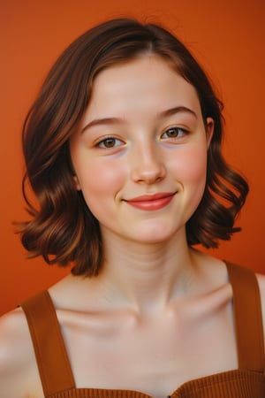 Close-up portrait oil painting of a young woman, smiling. Terracotta art deco background.