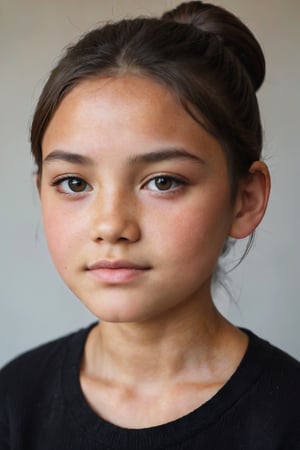 portrait photograph of a 12yo girl, light brown skin, black hair, chignon, slim endomorph, ripped, woollen_jumper