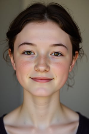 close up portrait photograph of a 20-year-old woman, facing camera and smiling, chignon, slim endomorph, ripped,, pale skin, black hair