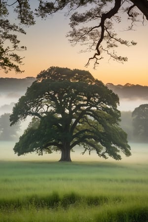 A Leica Q2, angled at a contemplative 30 degrees, captures the soft diffusion of morning light as it filters through a canopy of ancient oaks. The sun, barely cresting the horizon, spills a gentle warmth over a misty meadow, transforming dew into a myriad of twinkling stars upon the earth. A crisp freshness hangs in the air, signaling the dawn of a new day, while the surrounding landscape awakens in hushed tones of greens and earthy browns, untouched yet by the bustle of life under the tranquil, pastel-hued sky.