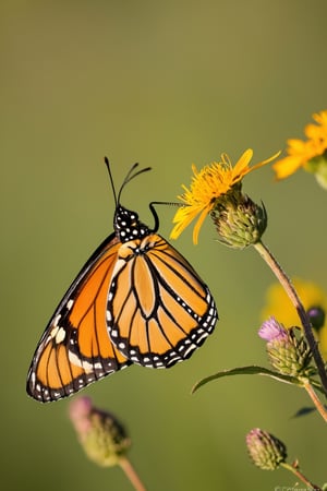 A Canon EOS 5D Mark IV, angled at a dynamic 70-degree slant, captures the vibrant flutter of a monarch butterfly alighting on a wildflower. The golden hour light imbues the scene with a warm, ethereal glow, accentuating the orange and black patterns on the butterfly's wings. Around it, the meadow is alive with the hues of late summer—greens, yellows, and purples—while the gentle breeze and mild temperature suggest an idyllic, late afternoon in a secluded nature haven.