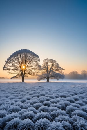 Captured by a Nikon D850 at a deliberate 55-degree perspective, the image seizes the intricate frost patterns on a winter morning windowpane. The rising sun, in its early brilliance, filters through the delicate ice crystals, casting a soft backlight that highlights their complex geometry. The world outside is a blur of cool blues and muted whites, a backdrop of snow-covered tranquility. The air is crisp and still, the silence amplified by the blanket of fresh snow, encapsulating the serene essence of a frosty dawn.