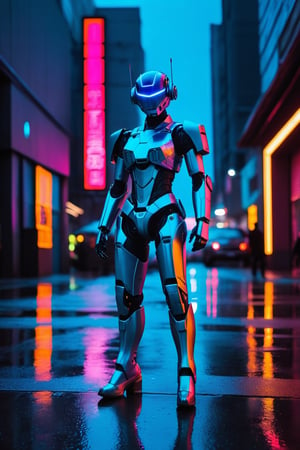 Captured through a Fujifilm X-T4 at a stark 45-degree angle, the image reveals a cyberpunk robot with a chrome finish reflecting the neon-lit cityscape. Its optical sensors, aglow with electric blue, scan the horizon. Poised with one hand raised, it stands amidst the perpetual twilight of a rain-slicked alley, where holographic ads float above. The diffused light from the overcast sky mingles with the vibrant street neon, casting a surreal glow on the damp concrete, encapsulating the essence of a dystopian, yet vivid, future metropolis.