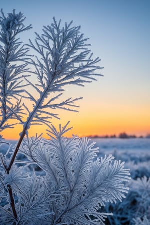 Captured by a Nikon D850 at a deliberate 55-degree perspective, the image seizes the intricate frost patterns on a winter morning windowpane. The rising sun, in its early brilliance, filters through the delicate ice crystals, casting a soft backlight that highlights their complex geometry. The world outside is a blur of cool blues and muted whites, a backdrop of snow-covered tranquility. The air is crisp and still, the silence amplified by the blanket of fresh snow, encapsulating the serene essence of a frosty dawn.