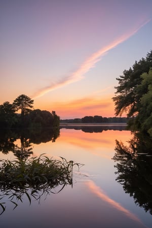 A Sony Alpha A7R III, angled at a thoughtful 63 degrees, captures the serene ripples on a secluded pond at dusk. The soft light of the setting sun, muted by wisps of cirrus clouds, bathes the scene in a gentle pink and orange palette. A lone duck glides effortlessly across the water, leaving a delicate wake behind. The surrounding foliage, silhouetted against the evening sky, frames the pond in a natural vignette. The cool air of the approaching night whispers of tranquility and the day's end.