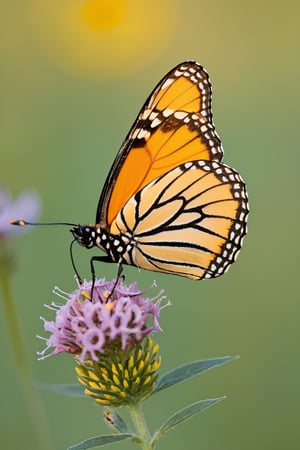 A Canon EOS 5D Mark IV, angled at a dynamic 70-degree slant, captures the vibrant flutter of a monarch butterfly alighting on a wildflower. The golden hour light imbues the scene with a warm, ethereal glow, accentuating the orange and black patterns on the butterfly's wings. Around it, the meadow is alive with the hues of late summer—greens, yellows, and purples—while the gentle breeze and mild temperature suggest an idyllic, late afternoon in a secluded nature haven.