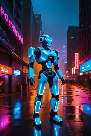 Captured through a Fujifilm X-T4 at a stark 45-degree angle, the image reveals a cyberpunk robot with a chrome finish reflecting the neon-lit cityscape. Its optical sensors, aglow with electric blue, scan the horizon. Poised with one hand raised, it stands amidst the perpetual twilight of a rain-slicked alley, where holographic ads float above. The diffused light from the overcast sky mingles with the vibrant street neon, casting a surreal glow on the damp concrete, encapsulating the essence of a dystopian, yet vivid, future metropolis.