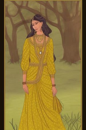 Illustration of a woman with long flowing hair lying on grass. She wears a yellow gold blouse with elbow-length sleeves and a traditional wrap skirt with gold border detail. Her accessories include large earrings, bangles, and a bindi on her forehead. Her facial expression is calm and serene.