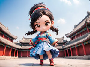 A girl who studies martial arts lives in a huge building square in Suzhou, China.,ninjascroll,long skirt,disney pixar style,chibi