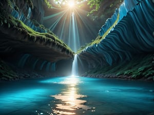 In the tall and big cave, little girl in the far corner,long shot of the character,blue roses, blue light, high quality, natural light, waterscape,more detail XL, lighting cinematic lighting, divine rays, ray tracing, ,caveruinsAerial,photo r3al