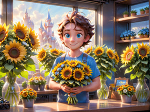 A man with bright blue eyes and neat brown hair in a modern independent florist. Modern cityscape, he picked a bouquet of sunflowers on a beautiful display shelf. The soft afternoon sun poured down, casting a warm glow on his happy expression.Disney-Pixar style.