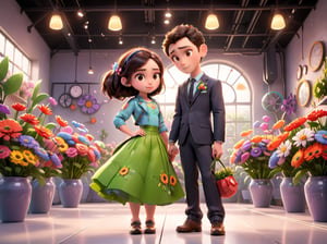 A girl and a boy ,in a modern florist space, long skirt, suit, choose flowers, Disney Pixar style.