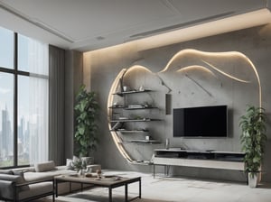 Interior Design, a living room Tv wall, Stone and metal on TV wall,natural light, light colors, plants, modern furniture, modernist, modern interior design,by zaha hadid,256K,Conceptualize complex geometry into graceful and smooth curved shapes,deconstruction style.
