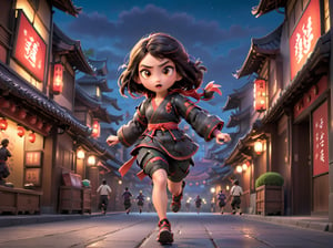 A girl, late at night, without passers-by, in a modern city, dressed in Japanese ninja clothes, running fast, Disney-Pixar style.