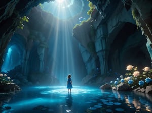 In the tall and big cave, little girl in the far corner,long shot of the character,blue roses, blue light, high quality, natural light, waterscape,more detail XL, lighting cinematic lighting, divine rays, ray tracing, ,caveruinsAerial
