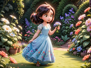 A girl in the garden, long dress, talking to flowers, Disney-Pixar style.