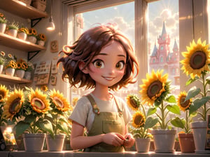 A girl, in a modern independent flower shop. Modern cityscape, she is illustrating the beautiful sunflowers. The soft afternoon sun poured down, casting a warm glow on her happy expression. Disney-Pixar style.
