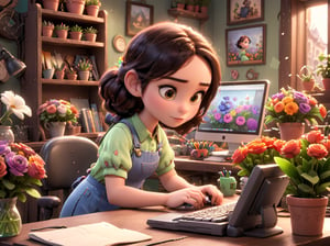 A girl, in a florist, at a desk, using a computer, Disney-Pixar style.