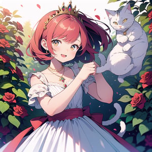 High-definition, young princess in a rose garden. Aged 5-10, with long golden hair and red highlights, wearing a white summer dress, surrounded by many cats. The princess has a petite stature and a innocent, joyful expression, adorned with a silver necklace and jewel-studded rings. Carrying a streamlined weapon and wielding a large sword symbolizing authority.,portrait,adjusting gloves