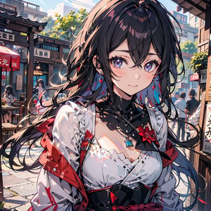 High-definition,1 girl, young princess , garden. 12-18 Age , Eyes shining with red light, neon lights,with long black hair and red highlights, wearing a white summer dress, princess, joyful expression, adorned with a silver necklace and jewel-studded rings.  sword,aajuvia,hmcf,shizuku kurogane,washitsu,long hair