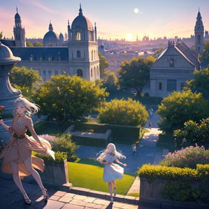 A high-definition panoramic view of an English garden surrounded by many Baroque-style buildings. Numerous high school female students with various hair colors and styles roam the grounds in pairs. They wear gemstone earrings and white summer skirts, gazing at the sky during sunset with a massive moon. Displaying seductive figures, they express excitement and joy, adorned with silver necklaces and carrying slender knight swords.