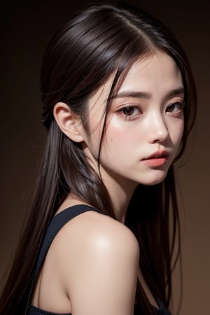 1girl, solo, 
half-length portrait photography, Chinese female, 25 years old, slightly fat,  a tear nevus under the tail of the left eye,  brown Colorful and textured background , backlight outline of hair, right-side light shot, low key lighting.  